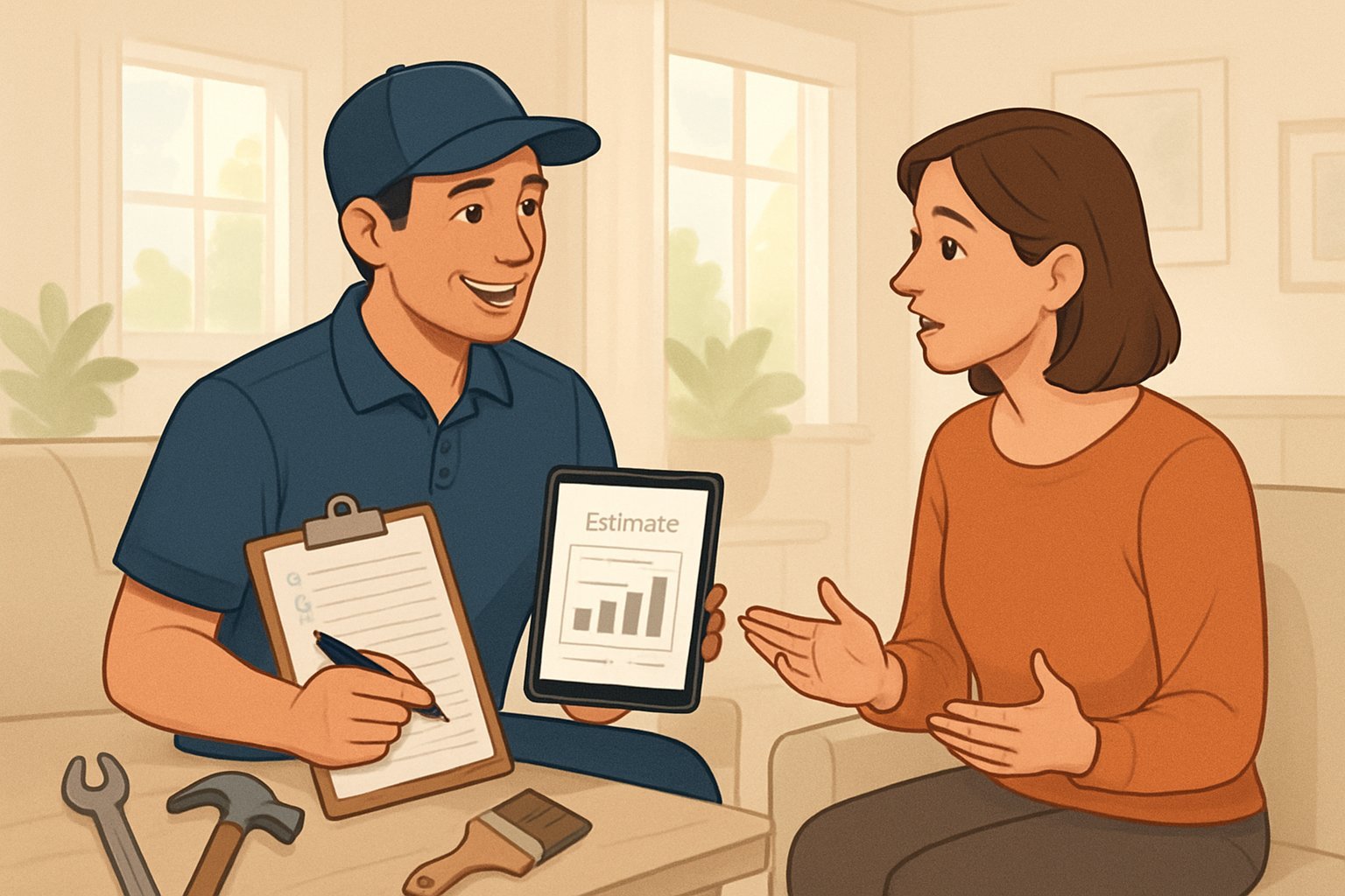 A home repair professional discussing estimates with a homeowner inside a bright living room, with tools nearby and a warm atmosphere.