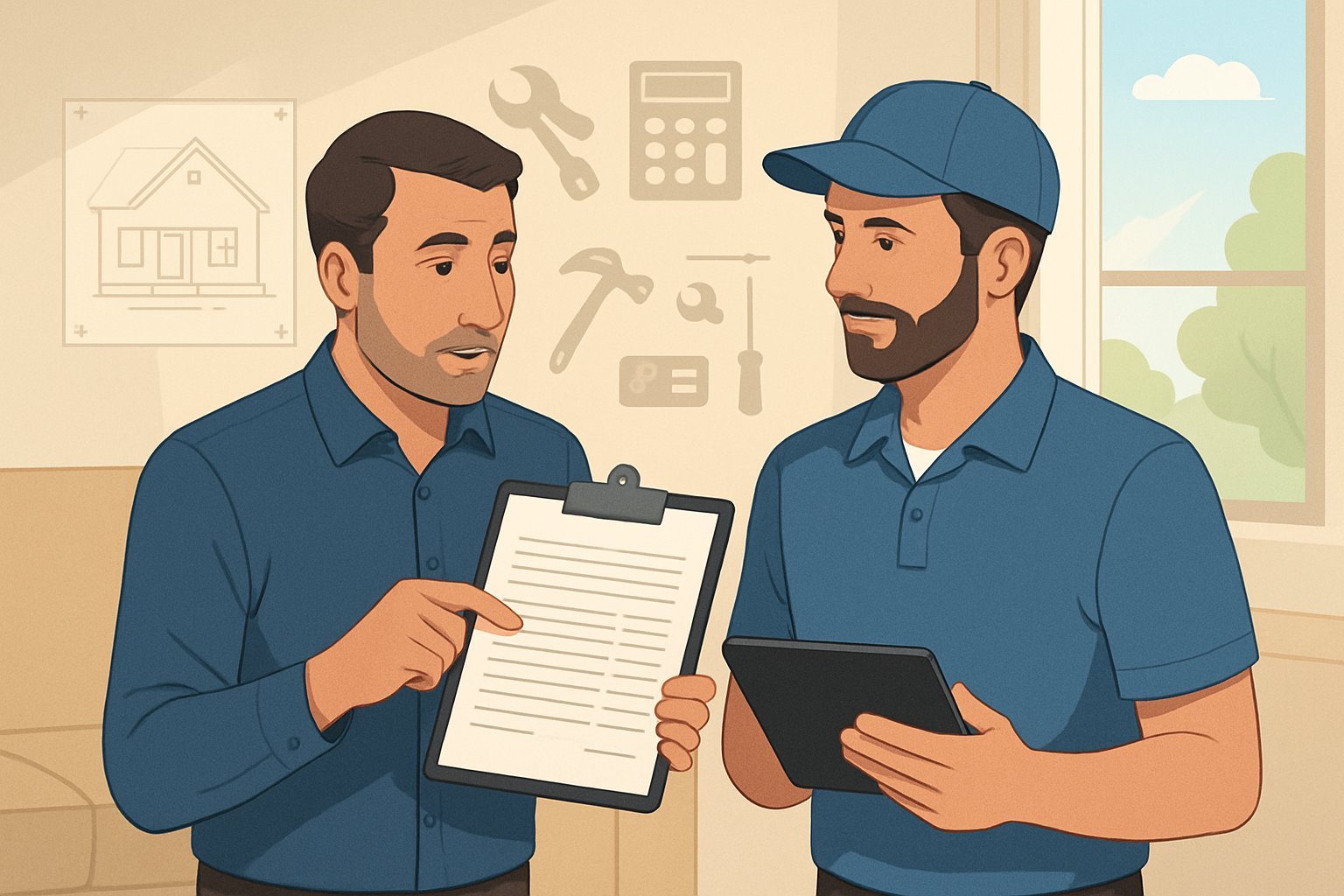 A homeowner and a home repair professional discussing a written estimate inside a living room, with tools and a blueprint visible nearby.