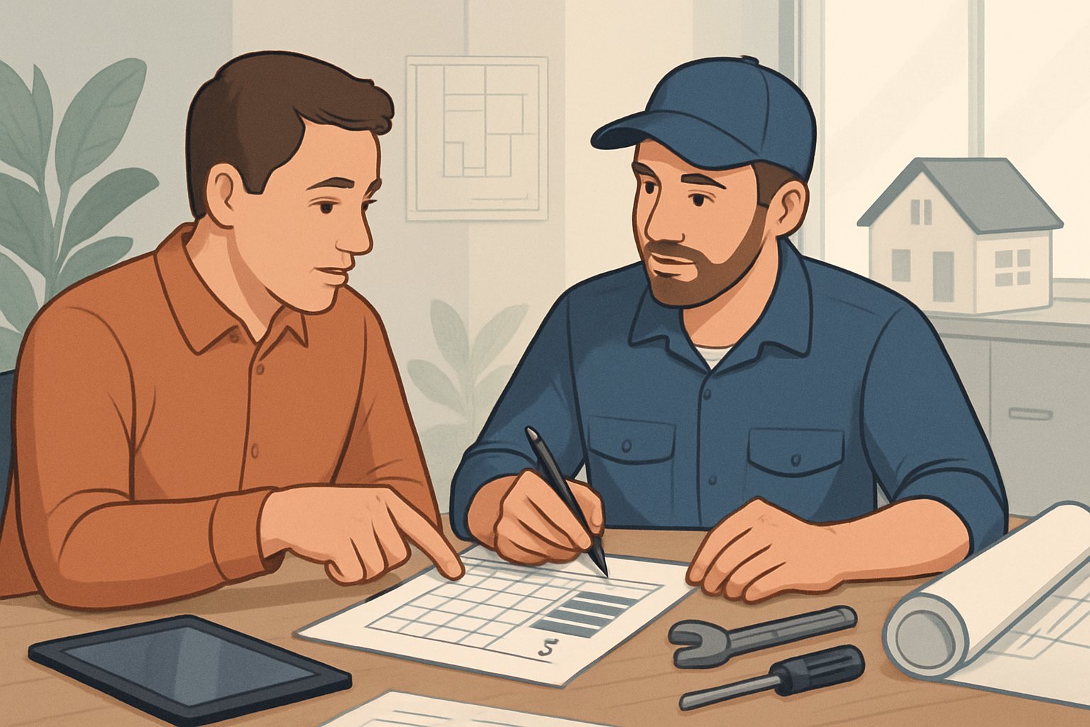 A homeowner and a home repair professional discuss documents and a calendar at a table with tools and a house model nearby.