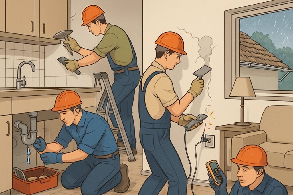A home with workers fixing a leaking pipe under the sink, repairing an electrical outlet, patching a cracked wall, and fixing a broken roof tile while it is raining outside.
