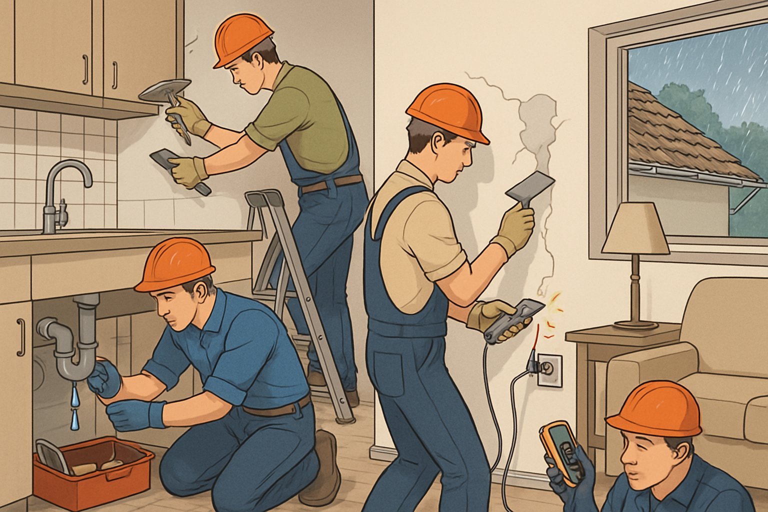 A home with workers fixing a leaking pipe under the sink, repairing an electrical outlet, patching a cracked wall, and fixing a broken roof tile while it is raining outside.