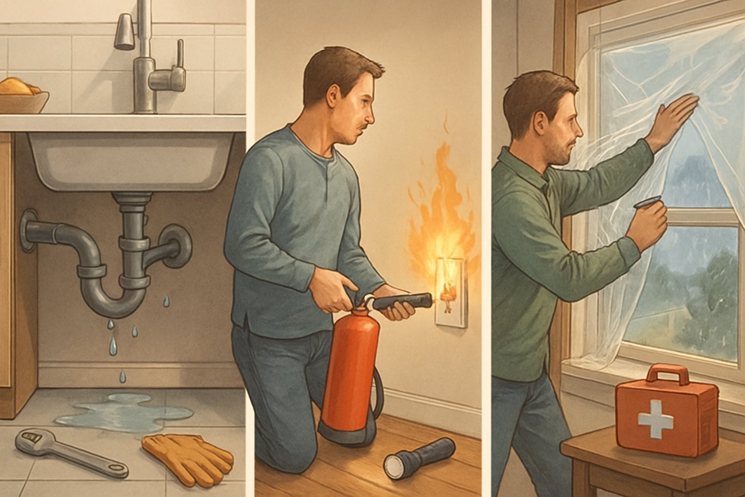 A home interior showing a leaking kitchen pipe, a small electrical fire being extinguished, and a broken window covered with plastic sheeting, with tools and safety items nearby.