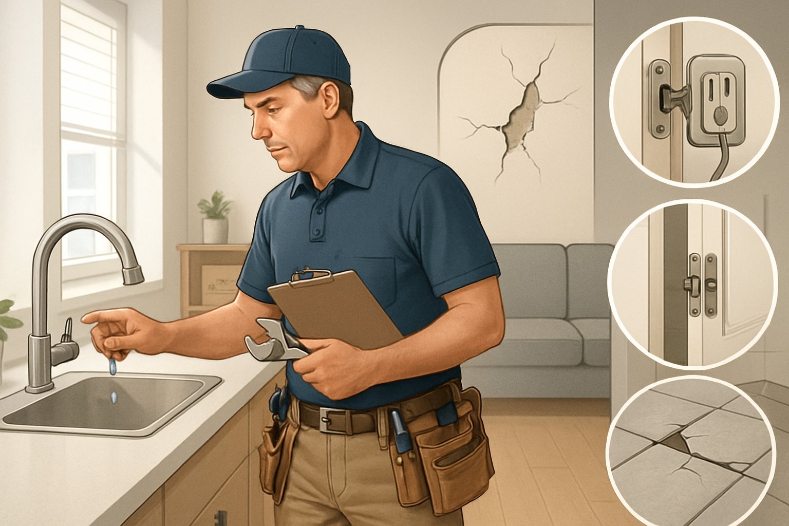 A handyman inspecting a leaking faucet inside a home, with visible cracked wall, loose electrical outlet, squeaky door hinge, and broken bathroom tile around him.