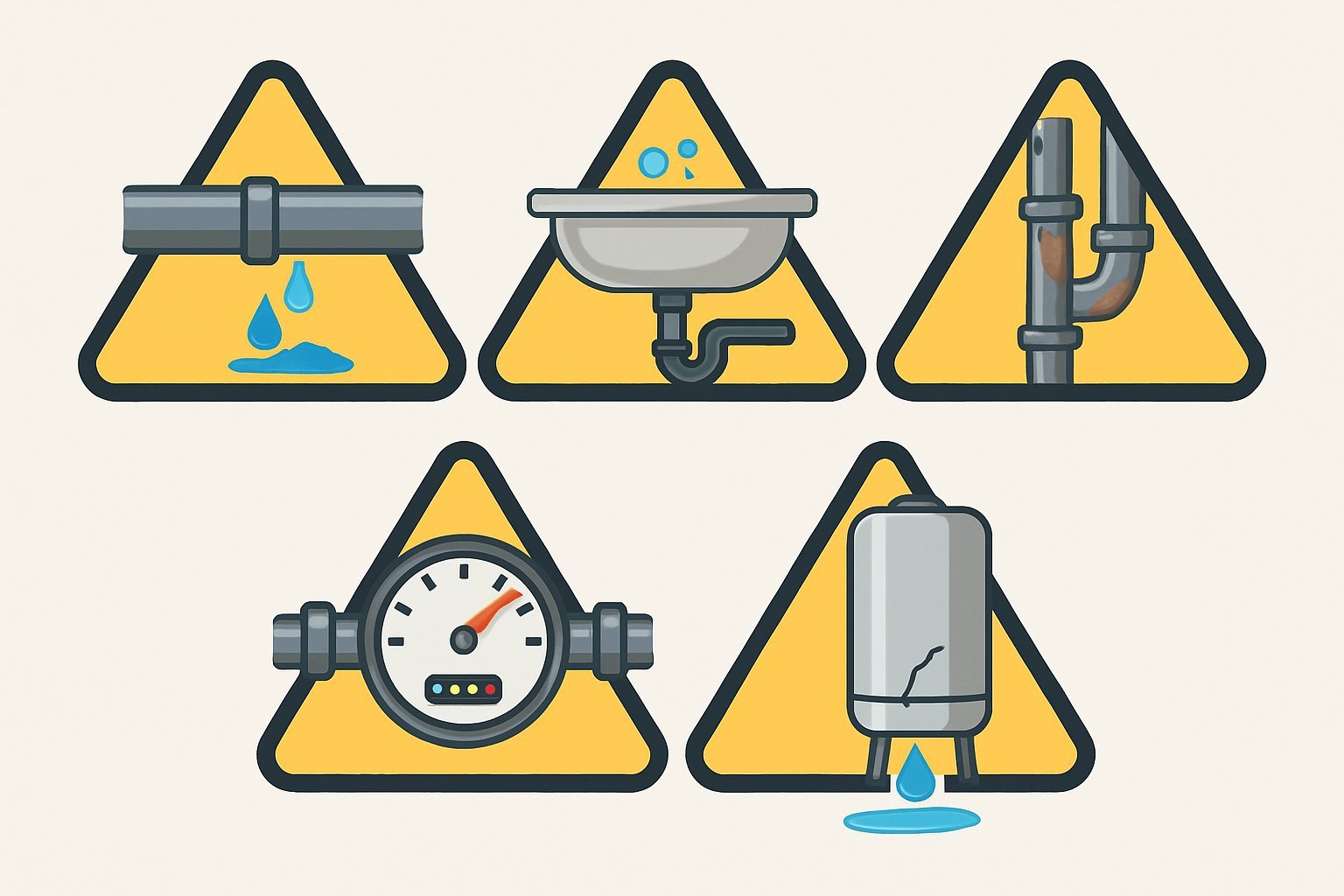 Five separate illustrations showing common plumbing issues: a leaking pipe, a clogged drain with backup, rusty pipes, a water meter with high usage, and a cracked water heater leaking water.