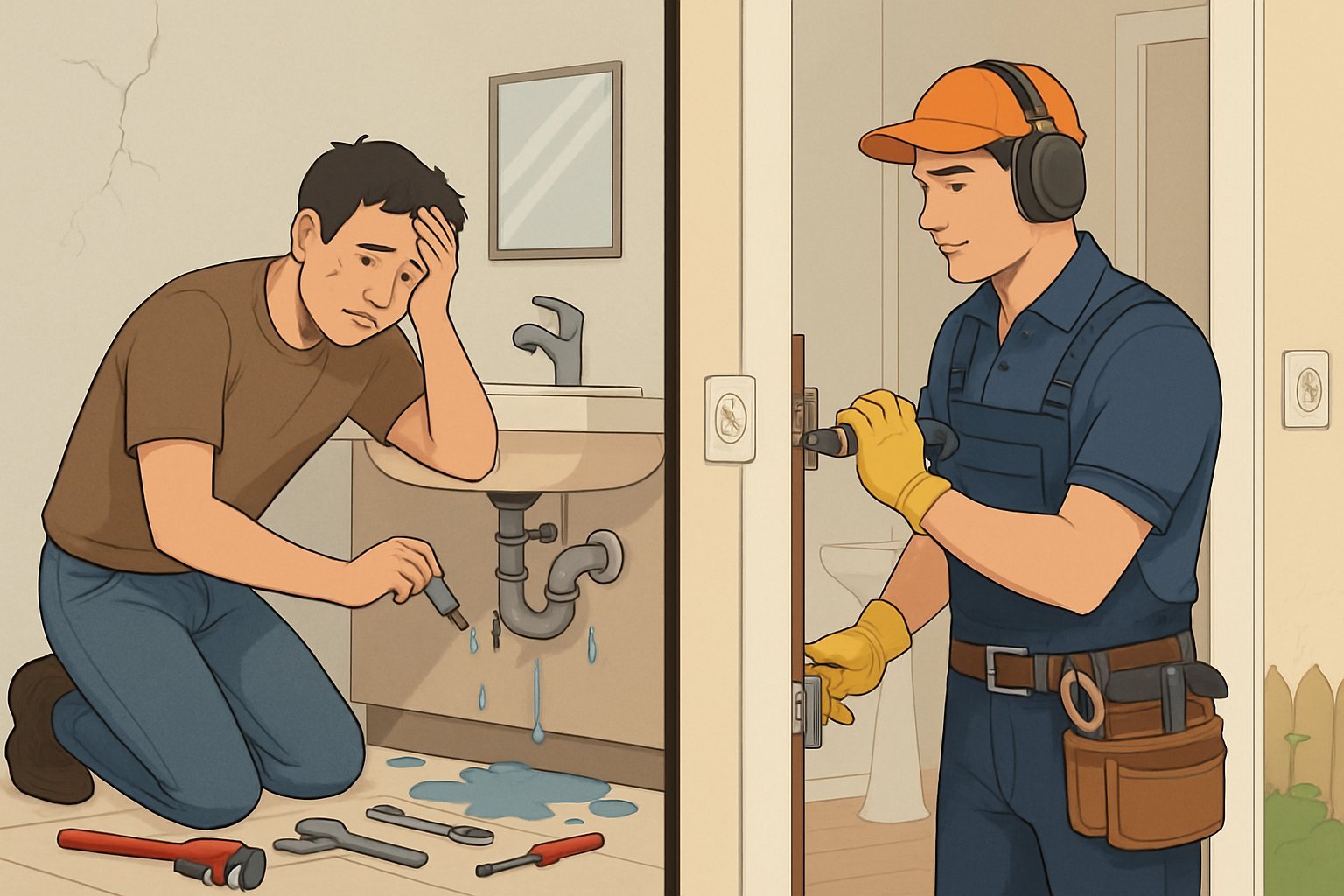 A homeowner struggling with a leaking pipe on one side, and a professional handyman fixing a door hinge on the other, with common home repair issues visible in the background.