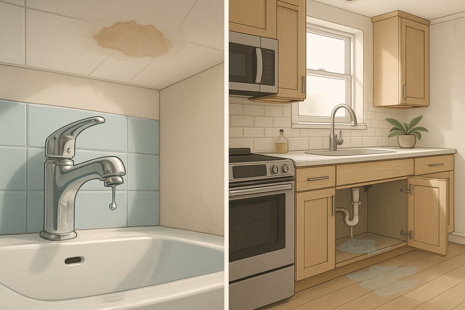 A home bathroom and kitchen showing early signs of plumbing issues like a dripping faucet, water stains on the ceiling and floor, and minor leaks under the sink.