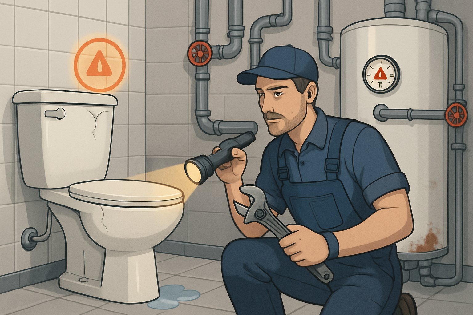 A plumber inspects a toilet with a small leak and a water heater with a dripping pipe and rust spots in a bathroom and utility room.