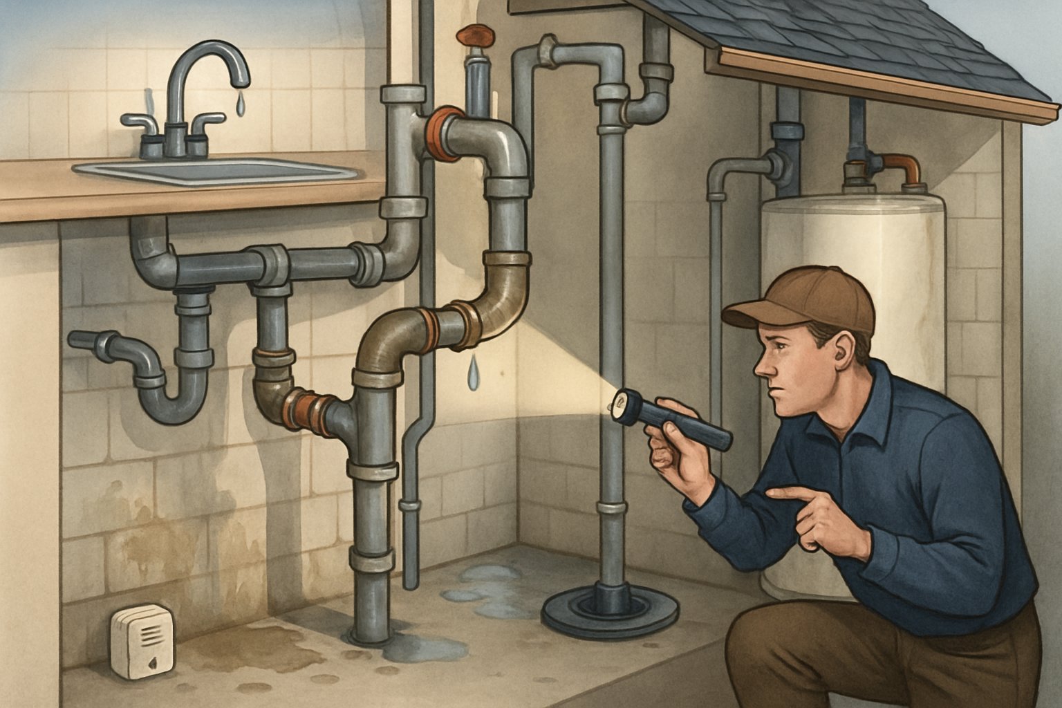 A cross-sectional view of a home plumbing system with a person inspecting pipes for leaks and potential water damage.