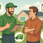 A lawn care expert talks with a homeowner in a tidy front yard, pointing out healthy grass and plants while holding a clipboard.