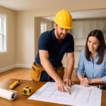 A homeowner and contractor discussing renovation plans in a bright living room with new windows, fresh paint, and updated flooring.