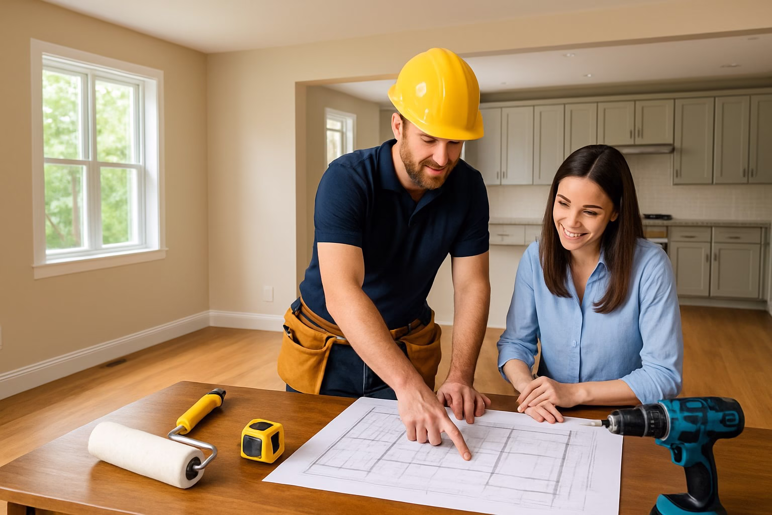 A homeowner and contractor discussing renovation plans in a bright living room with new windows, fresh paint, and updated flooring.