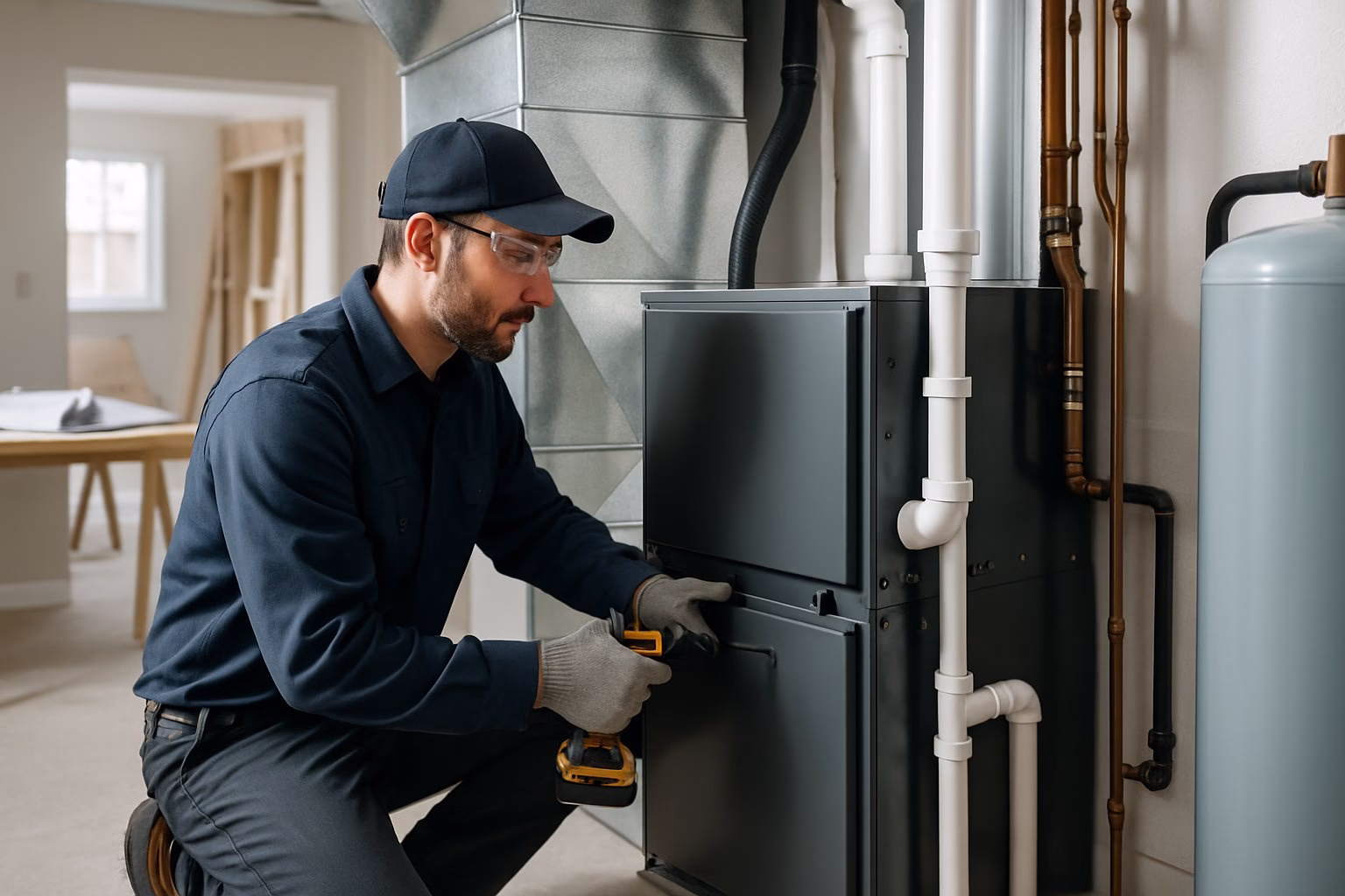 Technician installing a new high-efficiency HVAC system in a clean residential utility room.
