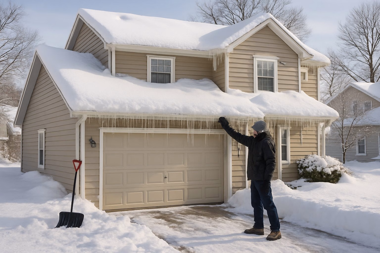 A homeowner in winter clothing inspecting the snow-covered roof and gutters of a suburban house after a snowstorm.
