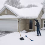 A homeowner dressed in winter clothes inspecting the snow-covered exterior of a suburban house after a snowstorm.