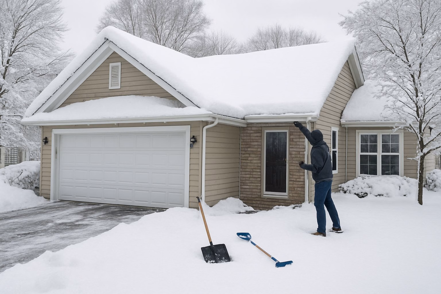 A homeowner dressed in winter clothes inspecting the snow-covered exterior of a suburban house after a snowstorm.