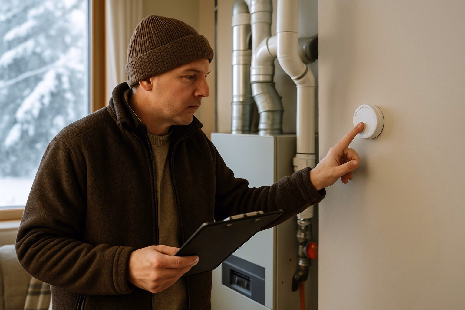 A person inspecting a thermostat and heating system inside a home with snow visible outside the window.
