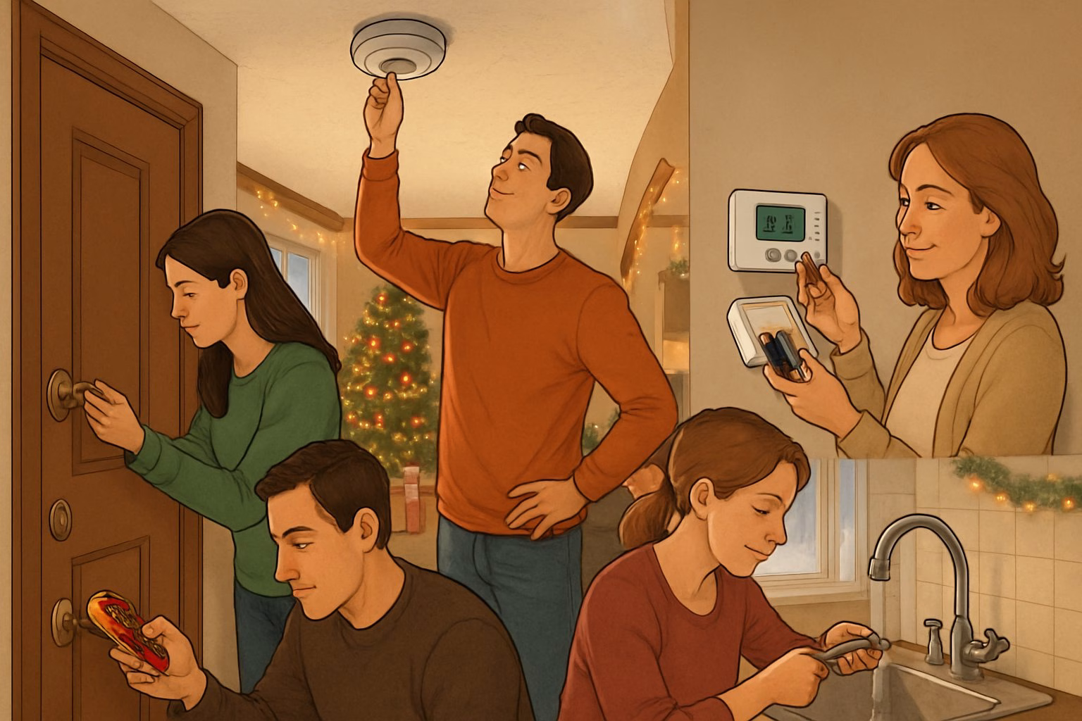 A family performing quick home maintenance tasks like checking smoke detectors, fixing a door handle, and testing outlets in a decorated holiday home with a Christmas tree and lights.